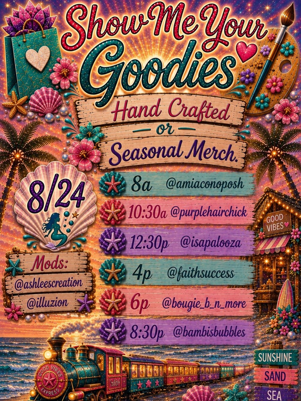 8/17Show Me Your Goodies Monday ShareShow Train HandCrafted Or Seasonal 8am-Late